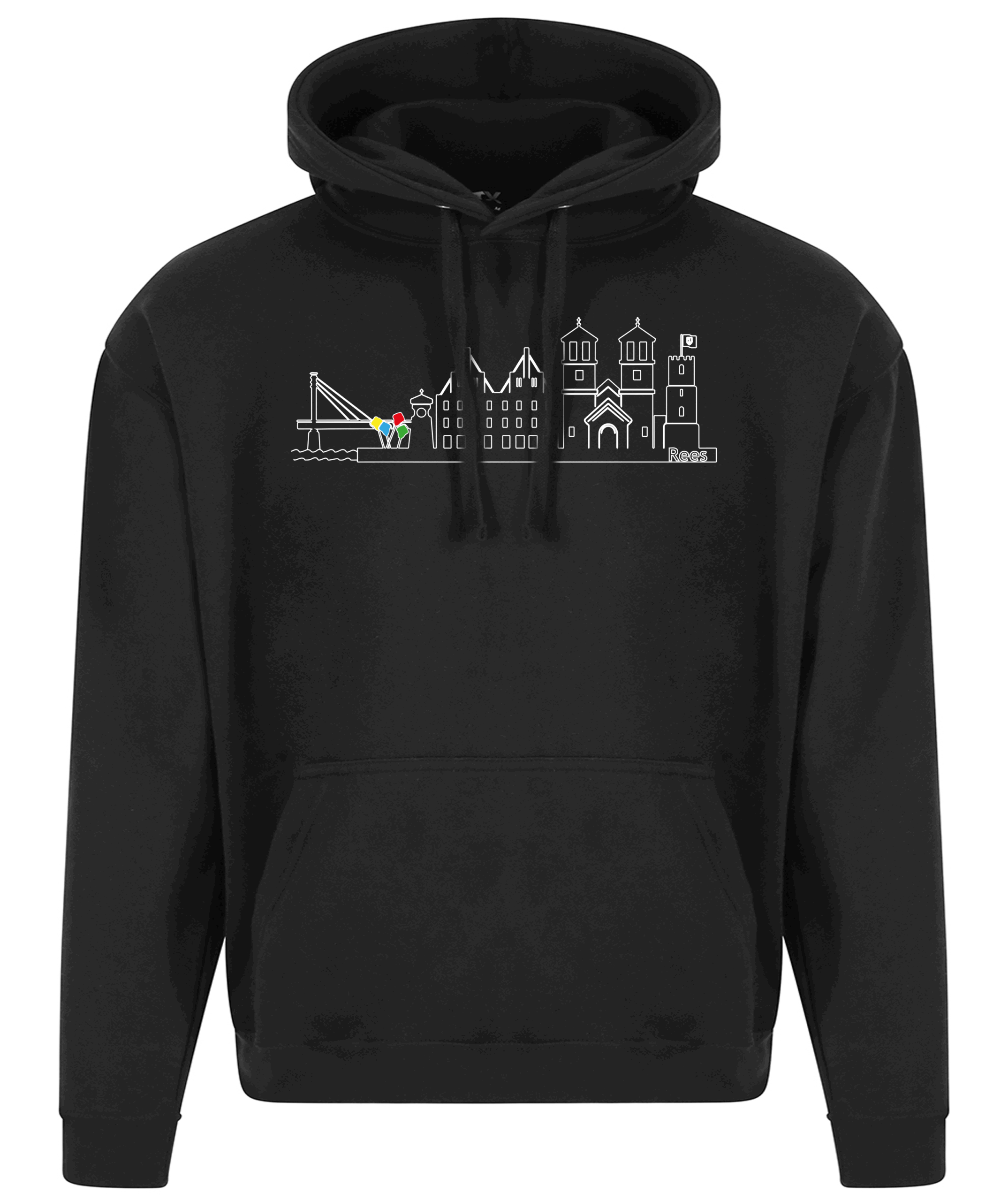 Hoodie Stadt Rees mit Stadtbild als Kontur - Druck