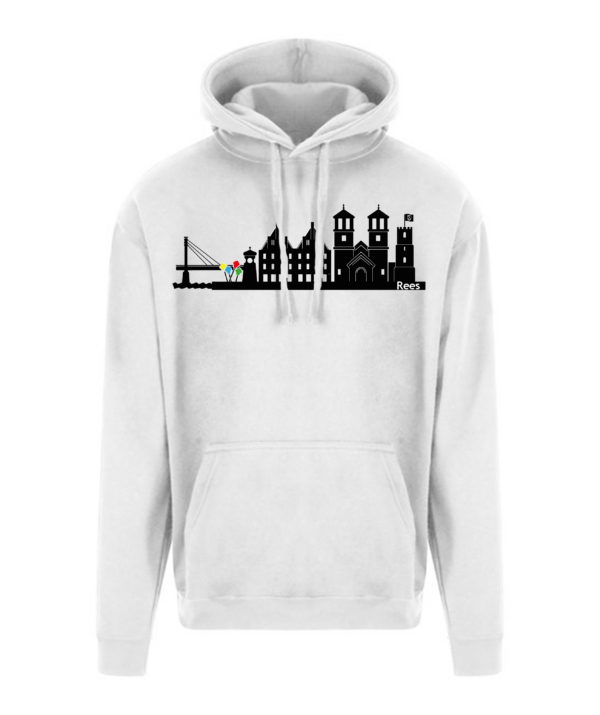 Hoodie_weiss_VollFarbe Hoodie Stadt Rees mit Stadtbild, Druck als Vollfarbe