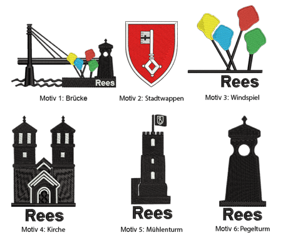 Motive_Black T-Shirt "Stadt Rees" - 6 verschiedene Motive in Stickoptik