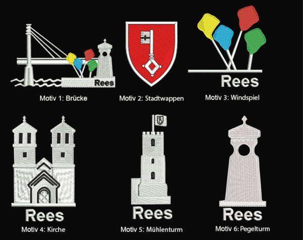 Motive_White T-Shirt "Stadt Rees" - 6 verschiedene Motive in Stickoptik